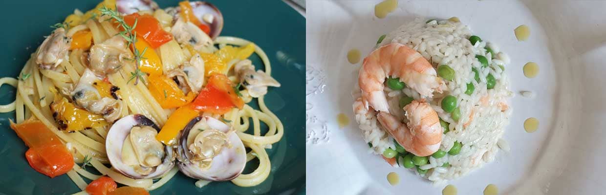 Saveurs marines, linguine aux coques et risotto aux crevettes